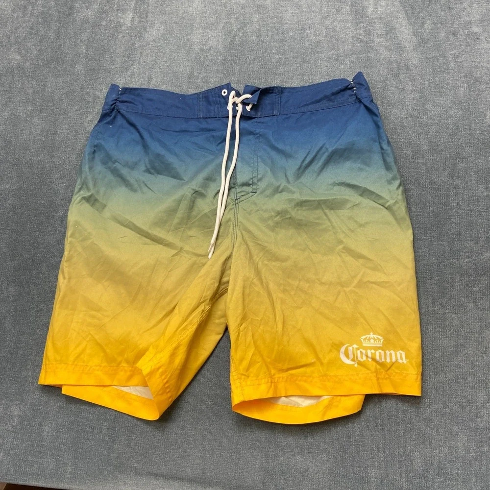 Corona Board Shorts Mens Large Blue Yellow Ombre Fade Mesh Lined Mid Rise Beach